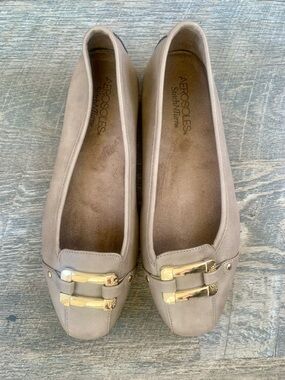 AEROSOLES Taupe Slip-On Flats with Gold Accents